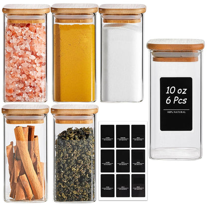 ComSaf Glass Spice Jars with Labels 10 oz 6 Pack Large Square Bamboo Lids | Empty Containers, Seasoning Herbs Powders, Salt Pepper Chili, Kitchen Cabinet Storage Starter Set, Dry Goods