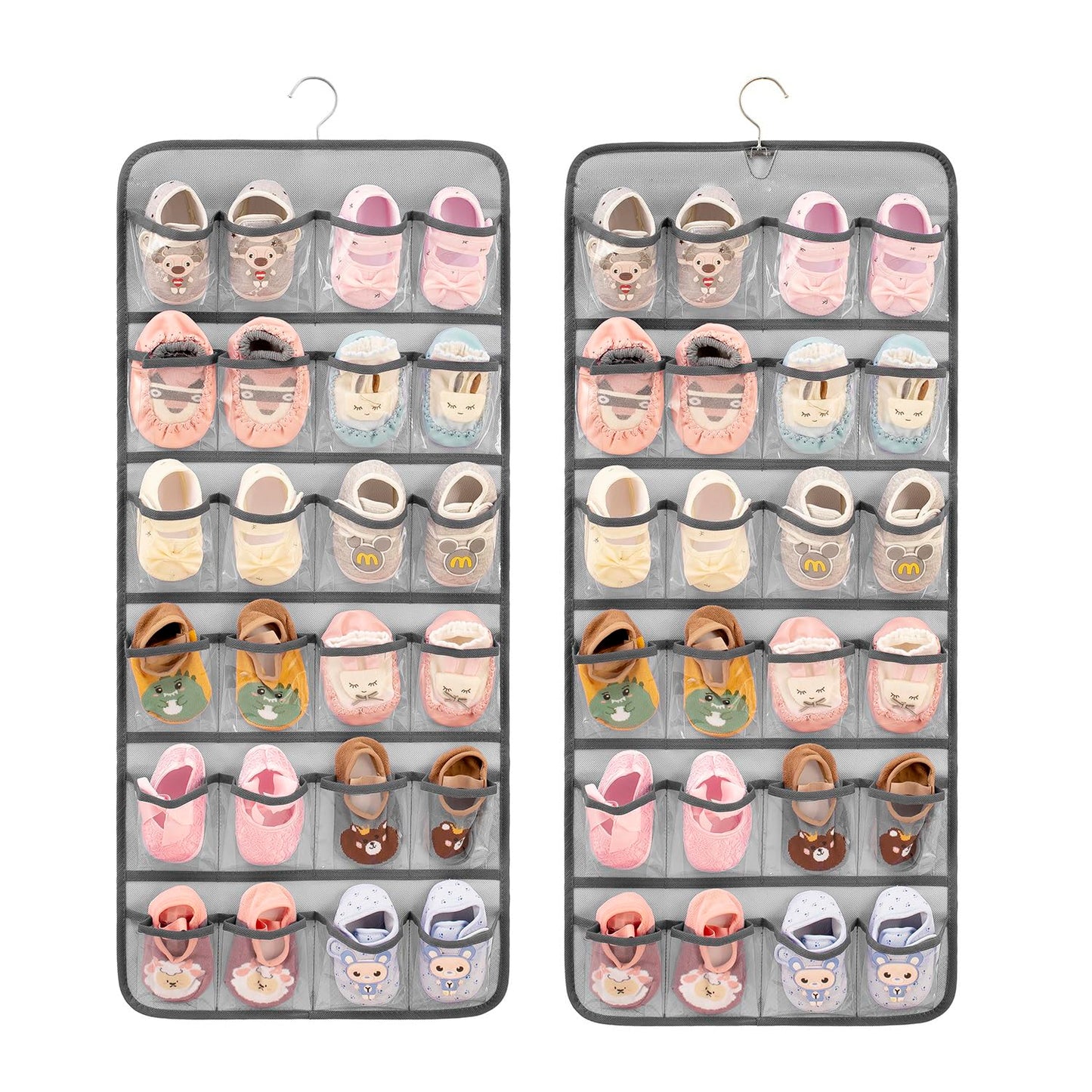 Dual-sided Baby Shoe Organizer Closet Hanging Toddler Shoes Storage for Kids Bow Socks Underwear Holder with 48 Clear Pockets (Grey)