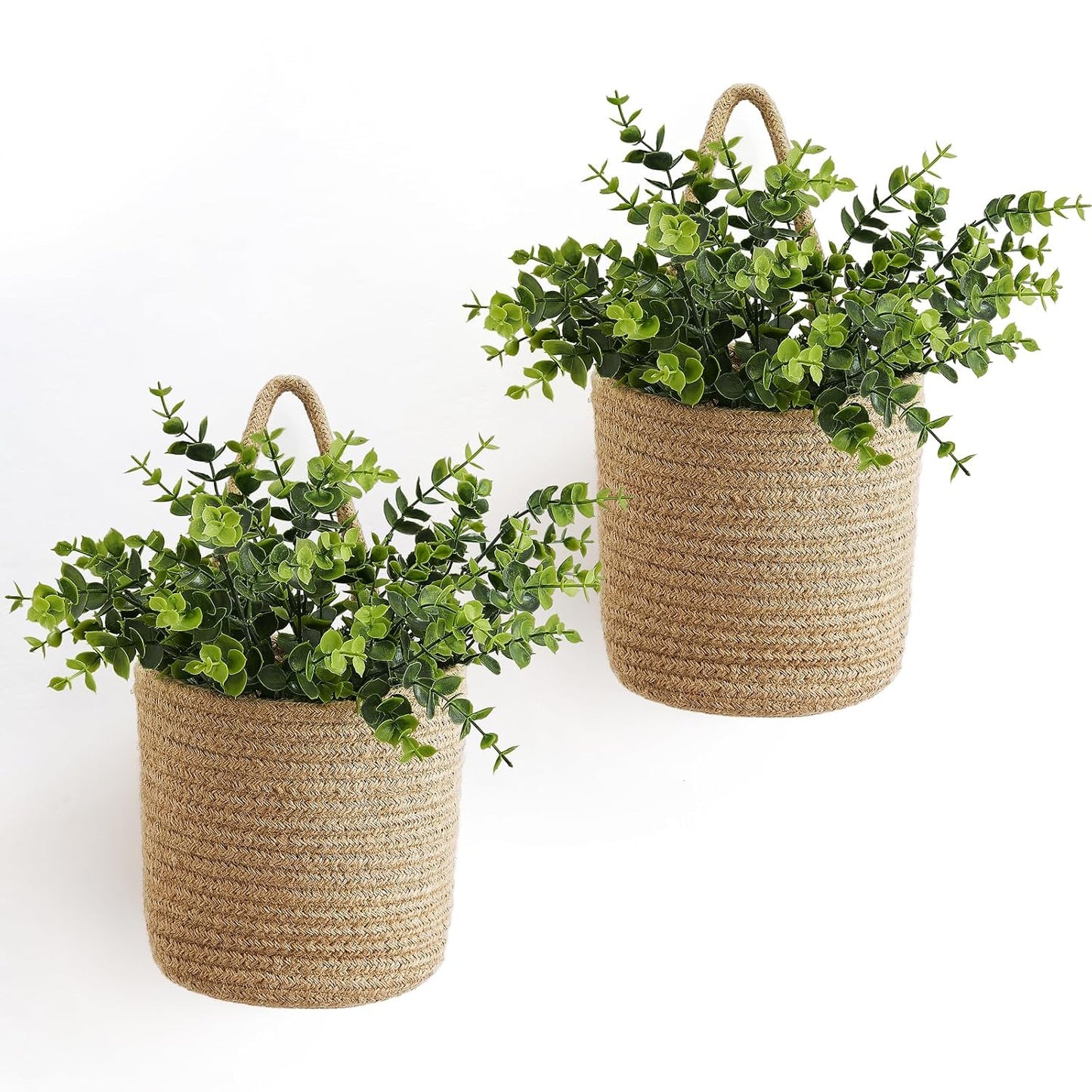 Dahey 2 Pack Woven Hanging Wall Basket 6.5"W×7"H with Artificial Eucalyptus | Easy Hanging Design, Jute Multi-Use Storage Basket, Holds Artificial Plants Flowers ＆ Utensils, Farmhouse Kitchen Wall Decor