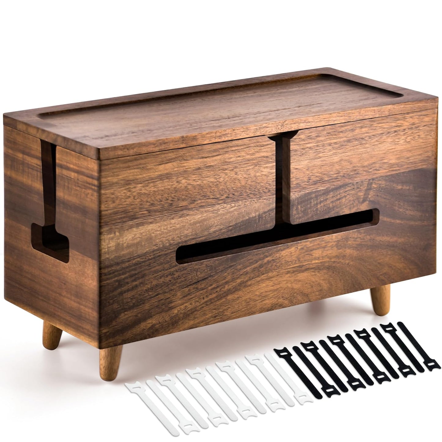 Brown Wood Large Cable Management Box for Power Strip and Cord Hideaway | Large solid wood cable box fits 13" power strips, detachable legs, air vents, child-safe lid, tool-free, hides 6-8 cords.