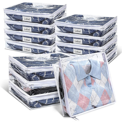 12 Pcs Clear Zippered Storage Bags Pvc Sweater Sheet Organizer Plastic Sheet Storage Sweater Bags With Zipper And Label Pocket Container For Clothes Closet Linen Pillow (14 x 12 x 3 Inch)