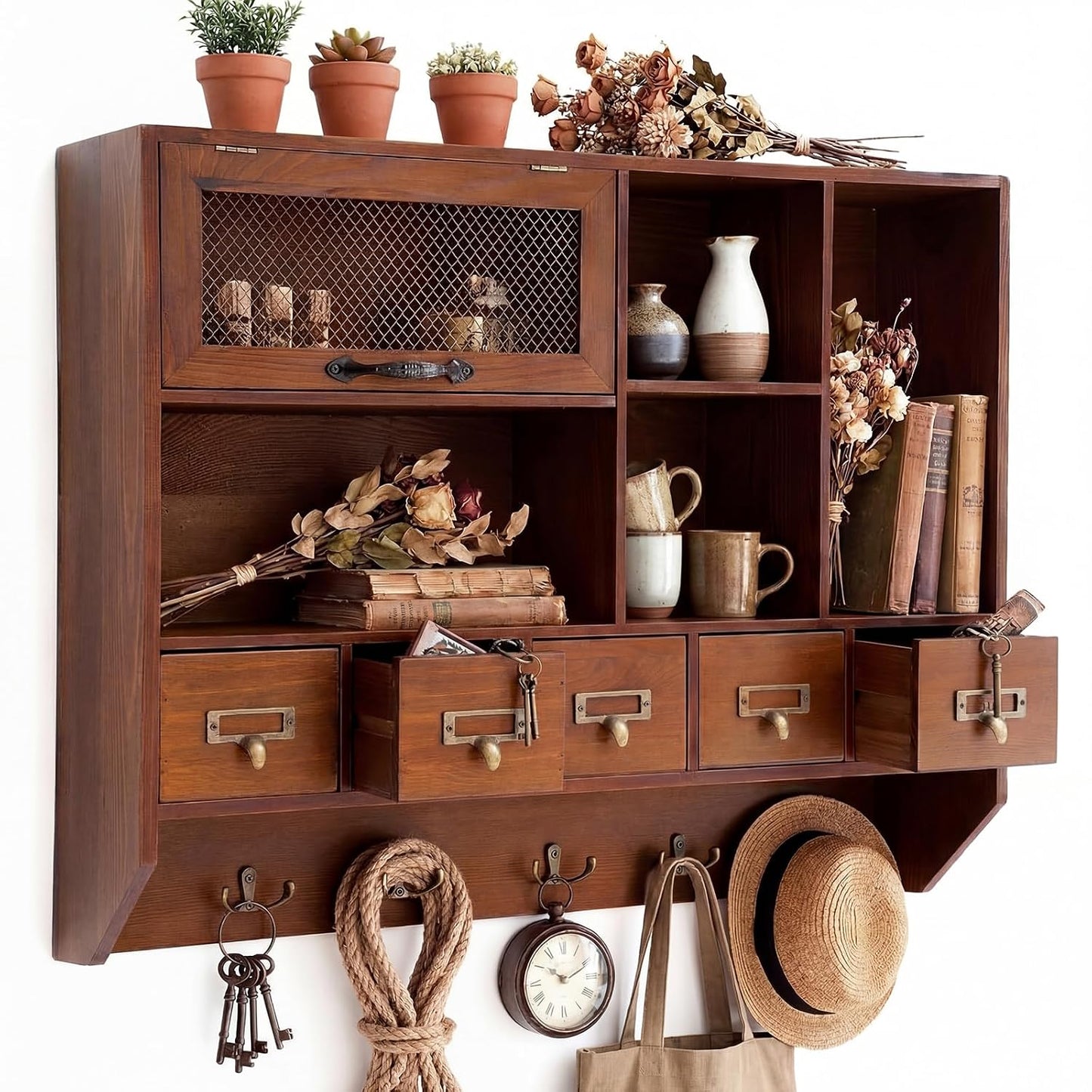 Cinnvoice 23.5 x 19.7 x 6.2 Inch Vintage Apothecary Cabinet with 5 Drawers, Farmhouse Medicine Cabinet, Chicken Wire Wall Shelf with Hooks, Home Office & Bedroom Organization and Storage