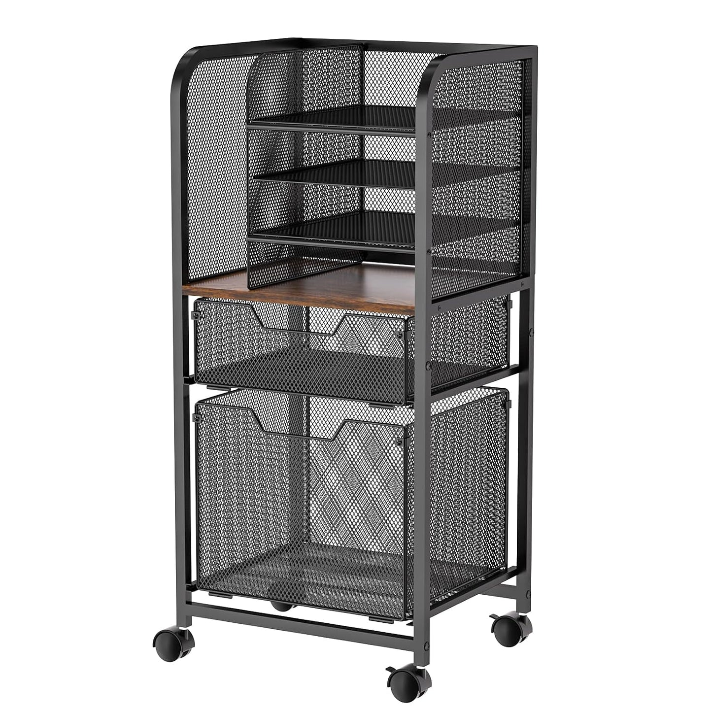 6-Tier Rolling File Cart Multi Mobile Drawer Cabinet Black | File cabinet organizer with wheels, letter size filing storage cart, home office hanging folder storage for teacher