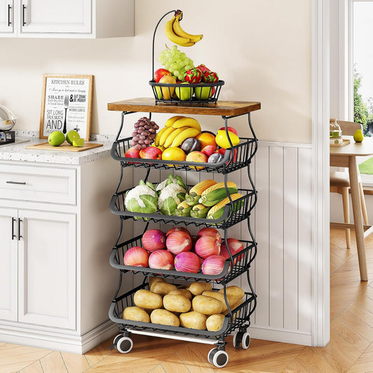 SAYZH 5-Tier Fruit and Vegetable Basket Stand for Kitchen, Wood Top, Black | Stackable Vegetable Storage Baskets with Wheel, Metal Wire Storage Carts for Onion, Potato and Snacks