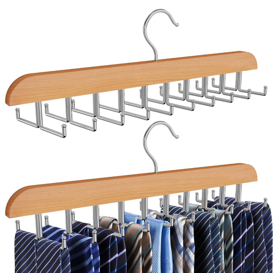 Tie Rack Hanger for Closet, 2 in 1 Belt Tie Hangers with 20 Folding Hooks, 360 Degree Rotating Wooden Tie Holder Organizer for Men Ties Belts Scarves Tank Tops Accessories, Wood (2 Pack)