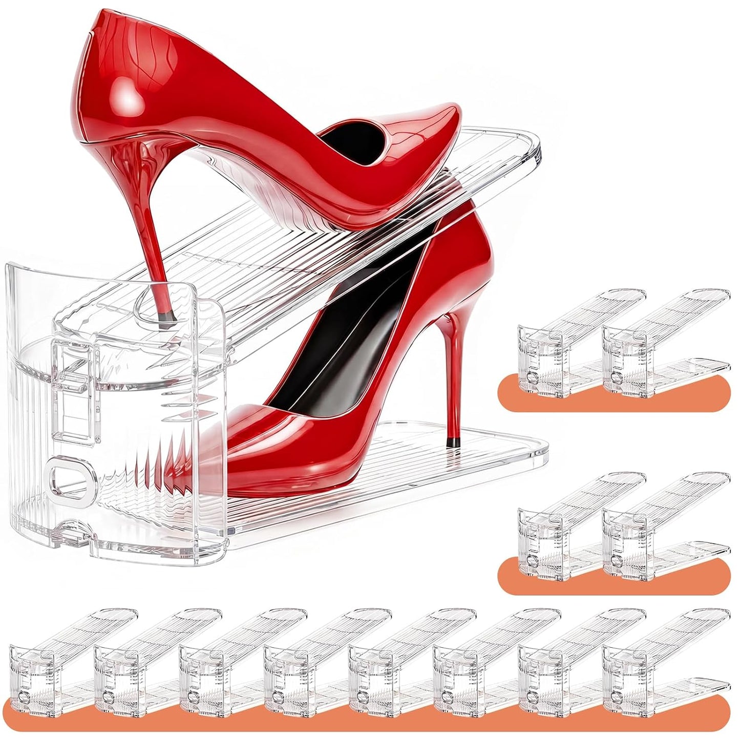 Shoe Stacker, Shoe Slot Organizer for Closet, Shoe Storage Rack | 12 Pack, Clear, 50% Space Saver, 3 Adjustable Height, Tool-Free Assembly, 30% Thicker, Superior Load Bearing