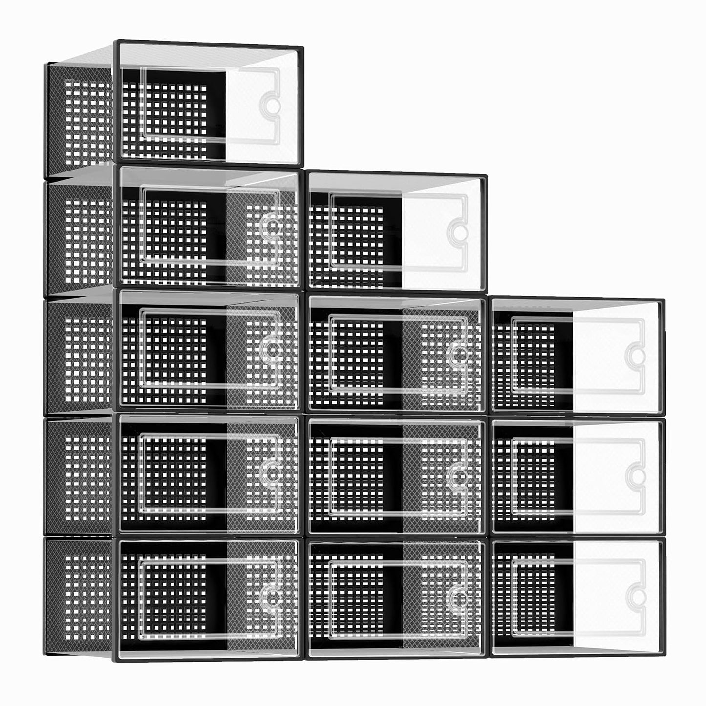 Kuject X-Large Shoe Storage Boxes 12 Pack, Clear Stackable Shoe Organizer | Shoe Case for Closet, Entryway & Under-Bed Storage, Drop-Front Design, Space-Saving Solution for Family Organization,Black