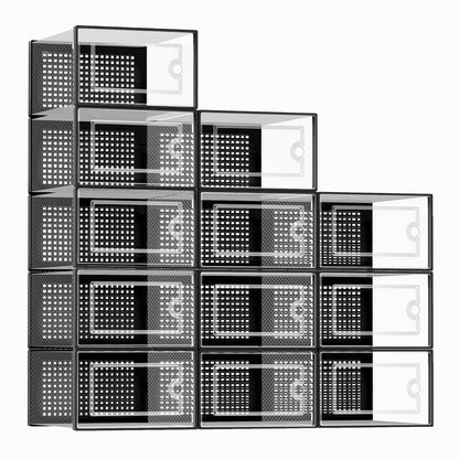Kuject X-Large Shoe Storage Boxes 12 Pack, Clear Stackable Shoe Organizer | Shoe Case for Closet, Entryway & Under-Bed Storage, Drop-Front Design, Space-Saving Solution for Family Organization,Black