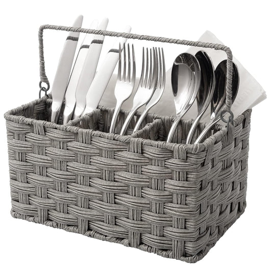 Wicker Utensil Caddy - Picnic Basket with Handle,... (Gray | Plastic)