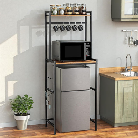 Housolution 2-Tier Mini Fridge Stand with Storage, Black+Brown | Adjustable Height Shelves, 8 Hooks, Easy Assembly, Heavy-Duty Microwave Stand for Office Dorm & Apartment