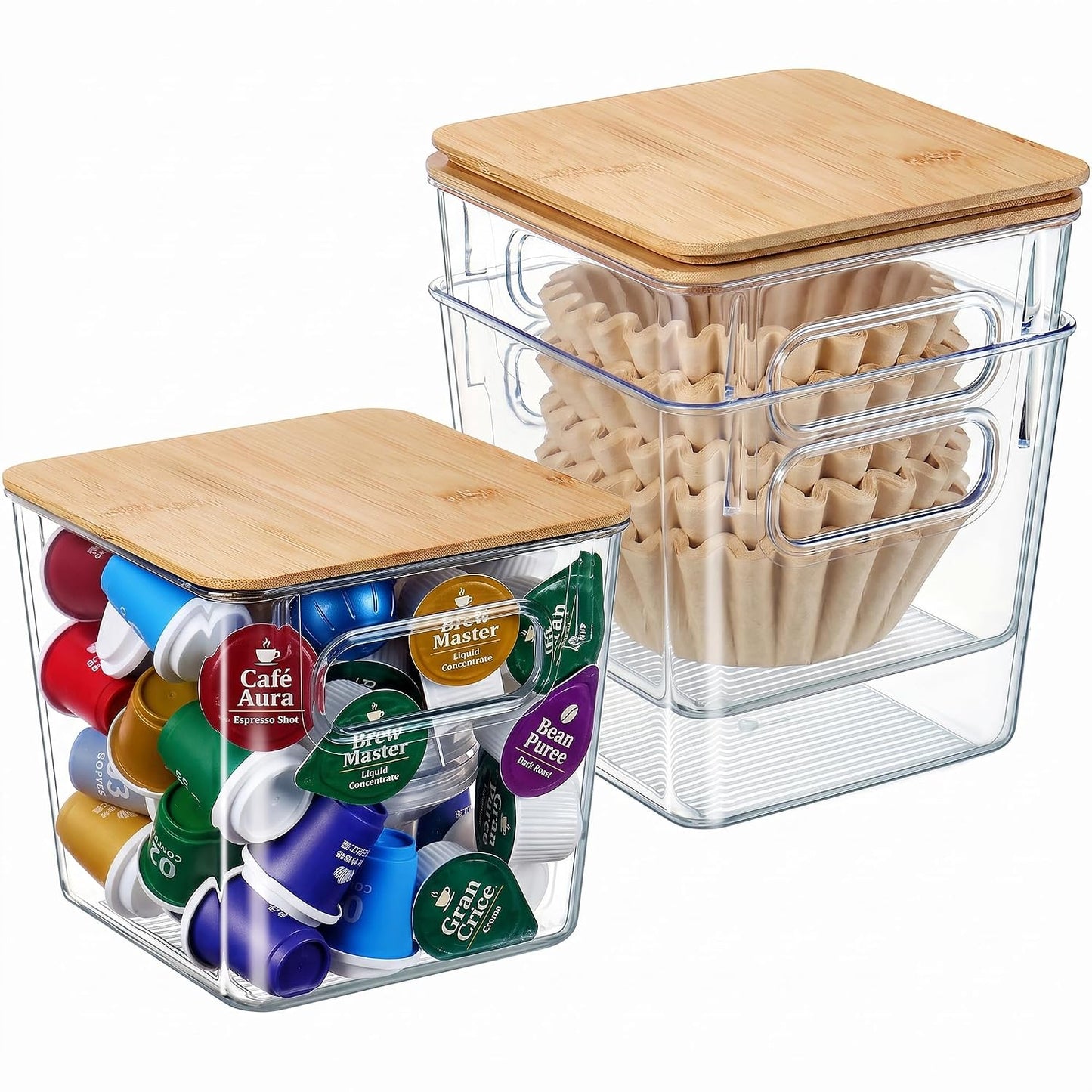 3 PACK Coffee Pod Holder K Cup Organizer Large Capacity Clear Storage Container Bins with Bamboo Lids for Coffee Bar Organization and Storage