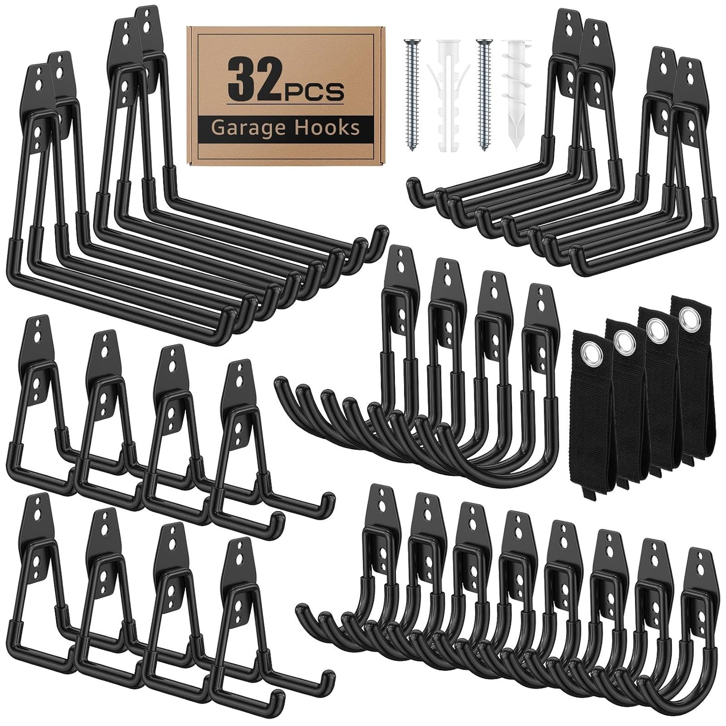 32-Pack Heavy Duty Wall Mount Garage Hooks | Hanging Storage For Ladders, Hoses, Bikes, Garden Tools, Ropes; For Yard, Warehouse, Workshop, Shed, Shop