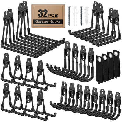 32-Pack Heavy Duty Wall Mount Garage Hooks | Hanging Storage For Ladders, Hoses, Bikes, Garden Tools, Ropes; For Yard, Warehouse, Workshop, Shed, Shop