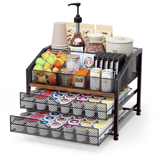 Coffee Bar Organizer - Coffee Station for Countertop, Metal and Wood K Cup holder Storage Basket for Coffee Pods, Syrup, Cups, Stirrer, Coffee Condiment, Tea Organizer, Black and Brown