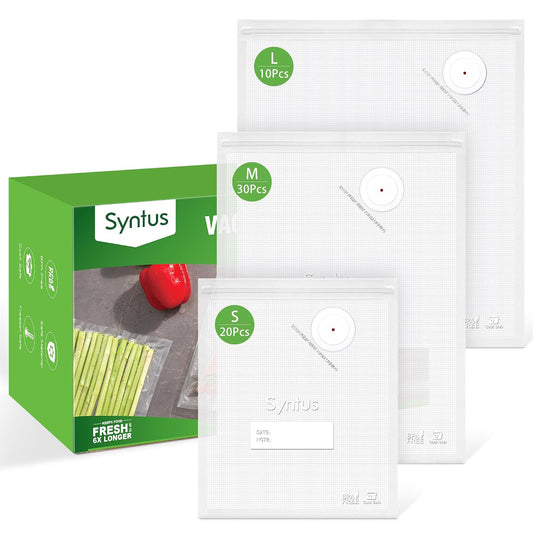 Syntus 60 Pcs Reusable Vacuum Sealer Bags for Food, S+M+L | 8x10+10x13.8+11.8x13.8, Upgraded Air Valve, Microwave Freezer Sous Vide, Food Storage, Leak-Proof, for Compact Vacuum Sealer