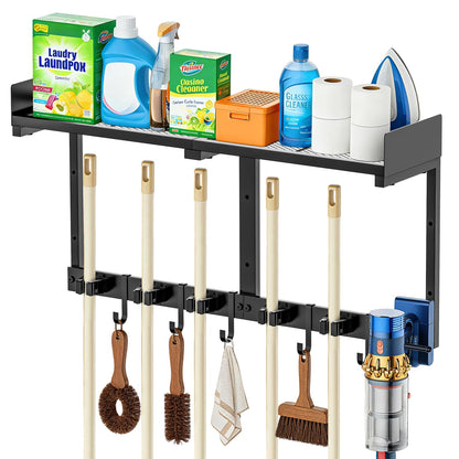 27" Mop and Broom Holder Wall Mount with Top Storage Shelf & Hooks,Black | Mop Hanger Wall Mount, 5 Grippers, 5 Hooks, Wall Organizer For Laundry Room, Garage And Kitchen