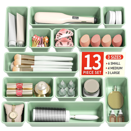 Canfanni 13 Pack Plastic Drawer Organizers Set, 3 Sizes Desk Drawer Organizer Trays for Vanity and Makeup Organizer, Organization and Storage for Makeup, Kitchen Utensils, Bathroom and Office(Green)