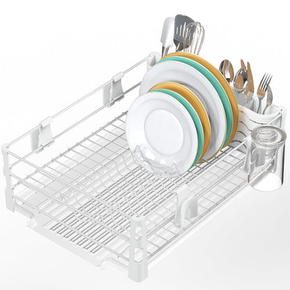 Simple Houseware Dish Drying Rack, White | with Drainboard, Utensil Holder and Mug Hooks