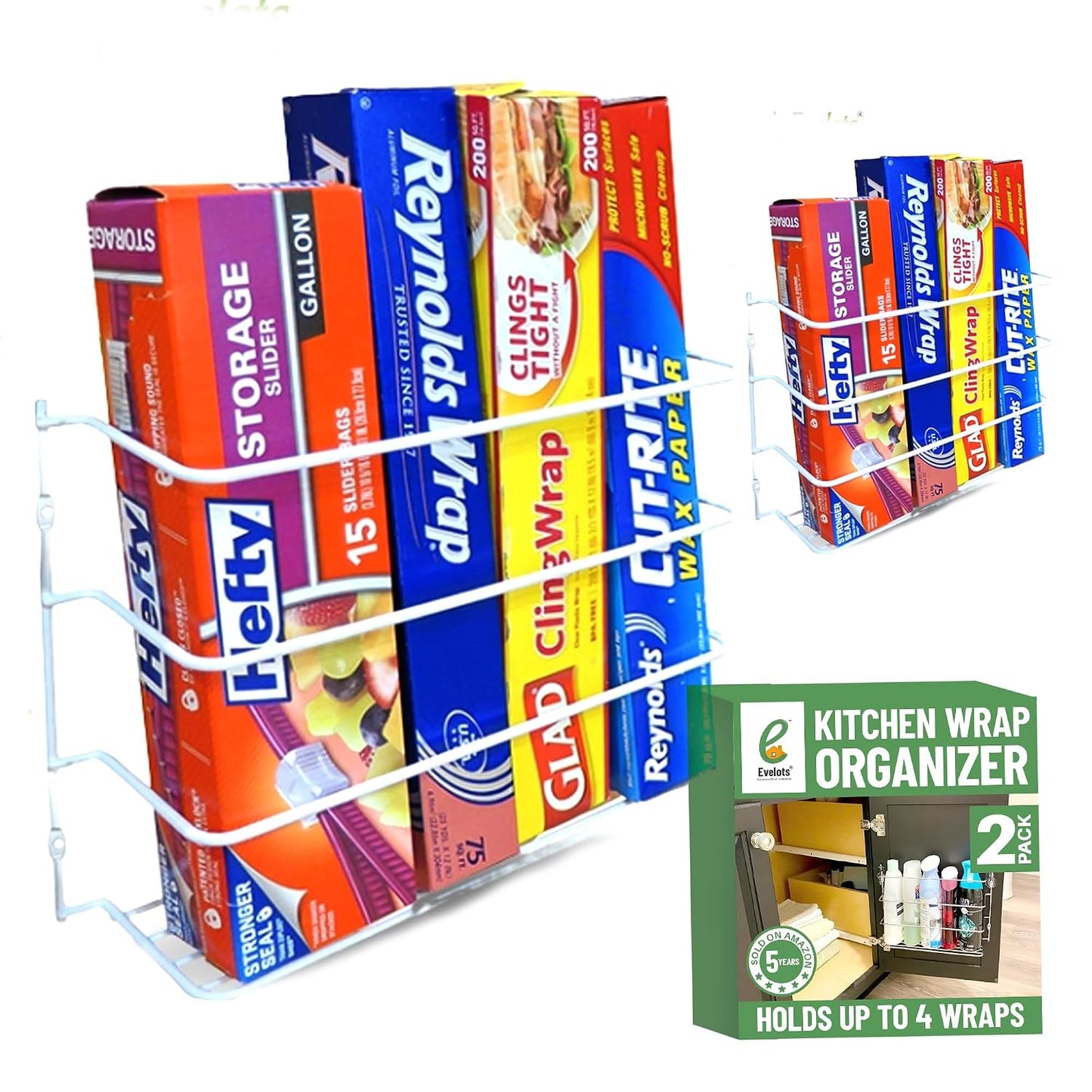 Evelots Kitchen Wrap & Food Bag Organizer Wall/Cabinet Mount, 2-Pack, White | Keep kitchen wraps and food bags organized with 2 baskets that mount on a wall or cabinet door to save valuable counter space
