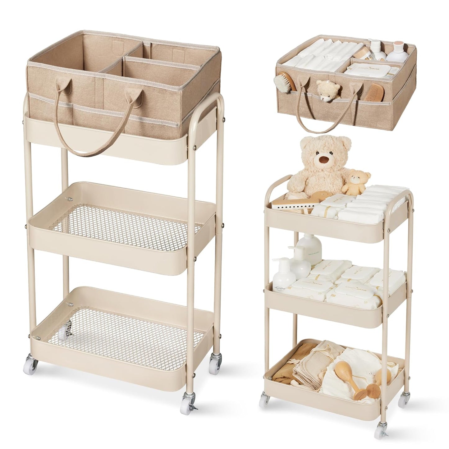 Baby Diaper Caddy, 3 Tier Rolling Storage Cart for Baby Essentials, Diaper Cart with Detachable Dividers, Storage & Baby Bottle Organizer, Nursery Dresser for Bedroom, Living Room (Taupe)
