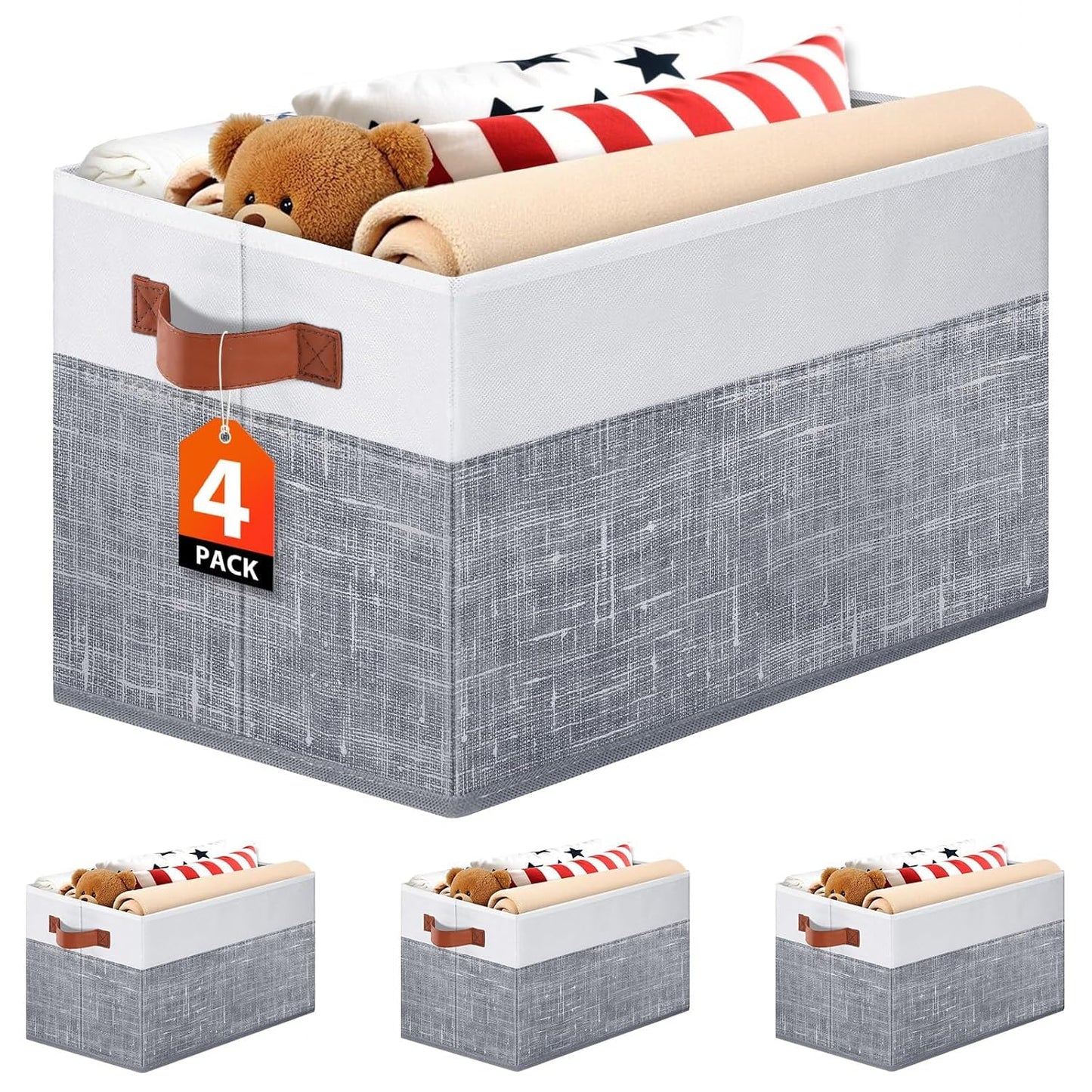 Collapsible Storage Baskets for Shelves,14"x10", 4 Pack Foldable Fabric Storage Bins with Double Leather Handles, Large Baskets for Organizing Books, Clothes, White & Grey