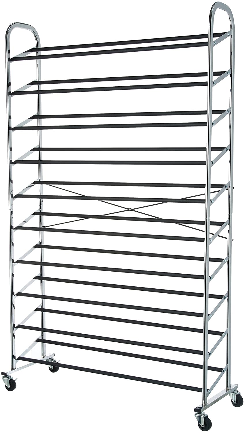 Amazon Basics 50-Pair Shoe Rack Organizer, Portable Rolling with Locking Wheels, Free Standing, 35.8 x 14.6 x 59.5 inches, Chrome