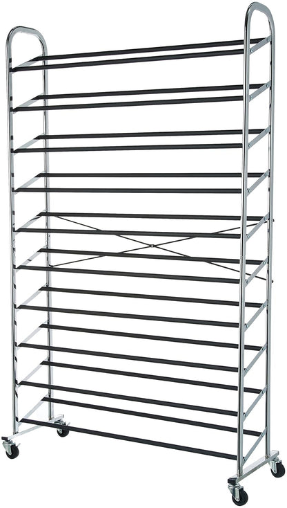 Amazon Basics 50-Pair Shoe Rack Organizer, Portable Rolling with Locking Wheels, Free Standing, 35.8 x 14.6 x 59.5 inches, Chrome