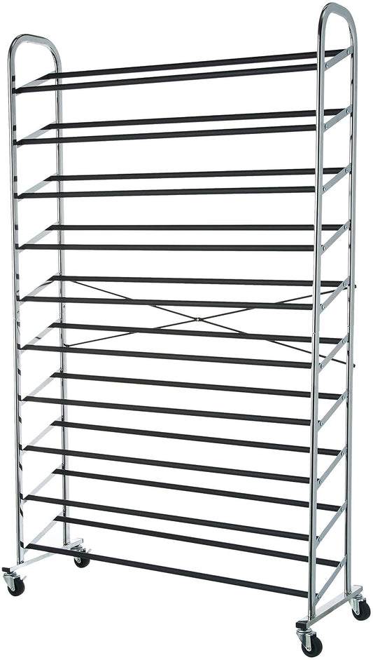 50-Pair Shoe Rack Organizer, Portable Rolling with... (Chrome | Metal)
