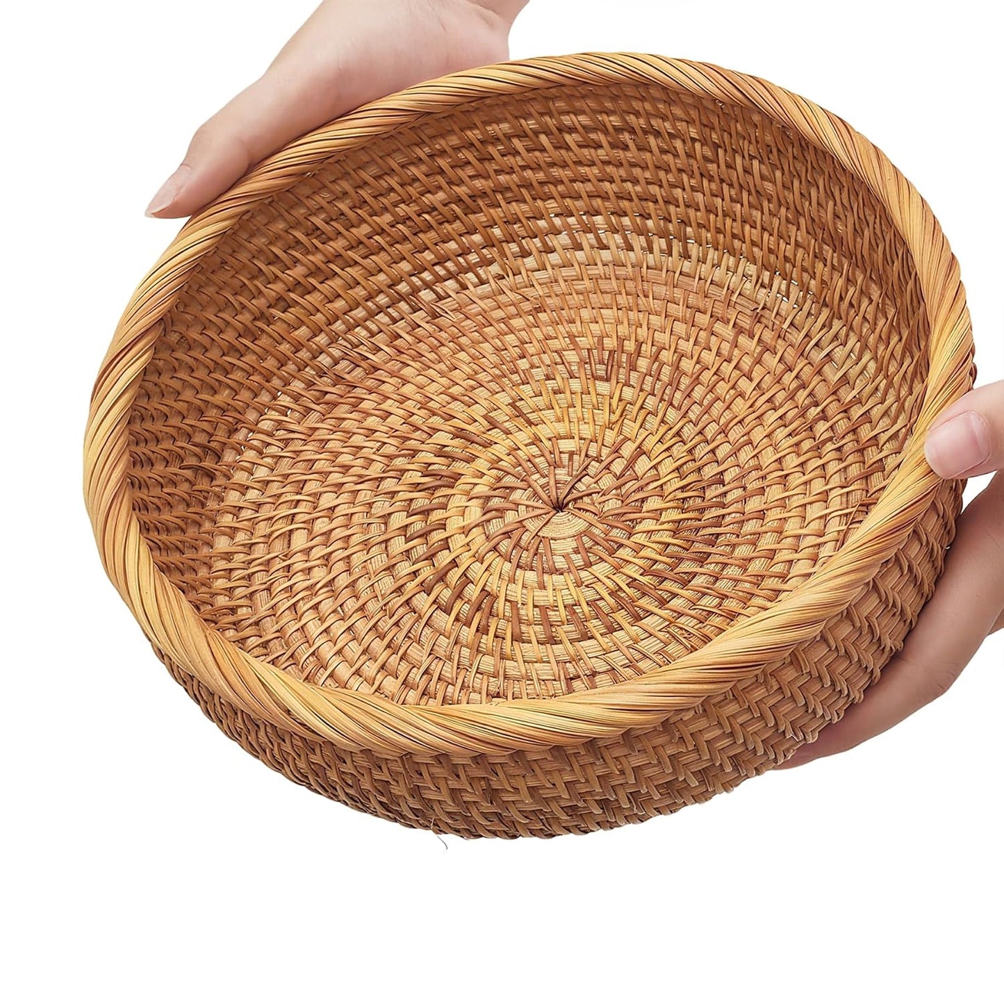 9.2" Medium Rattan Wicker Bread Basket, Fruit Basket for Kitchen Counter | Sturdy Well-Made Handwoven Bread Baskets for Serving, Natural Food Baskets, Versatile for Fruits, Snacks, Keys & More (Round)