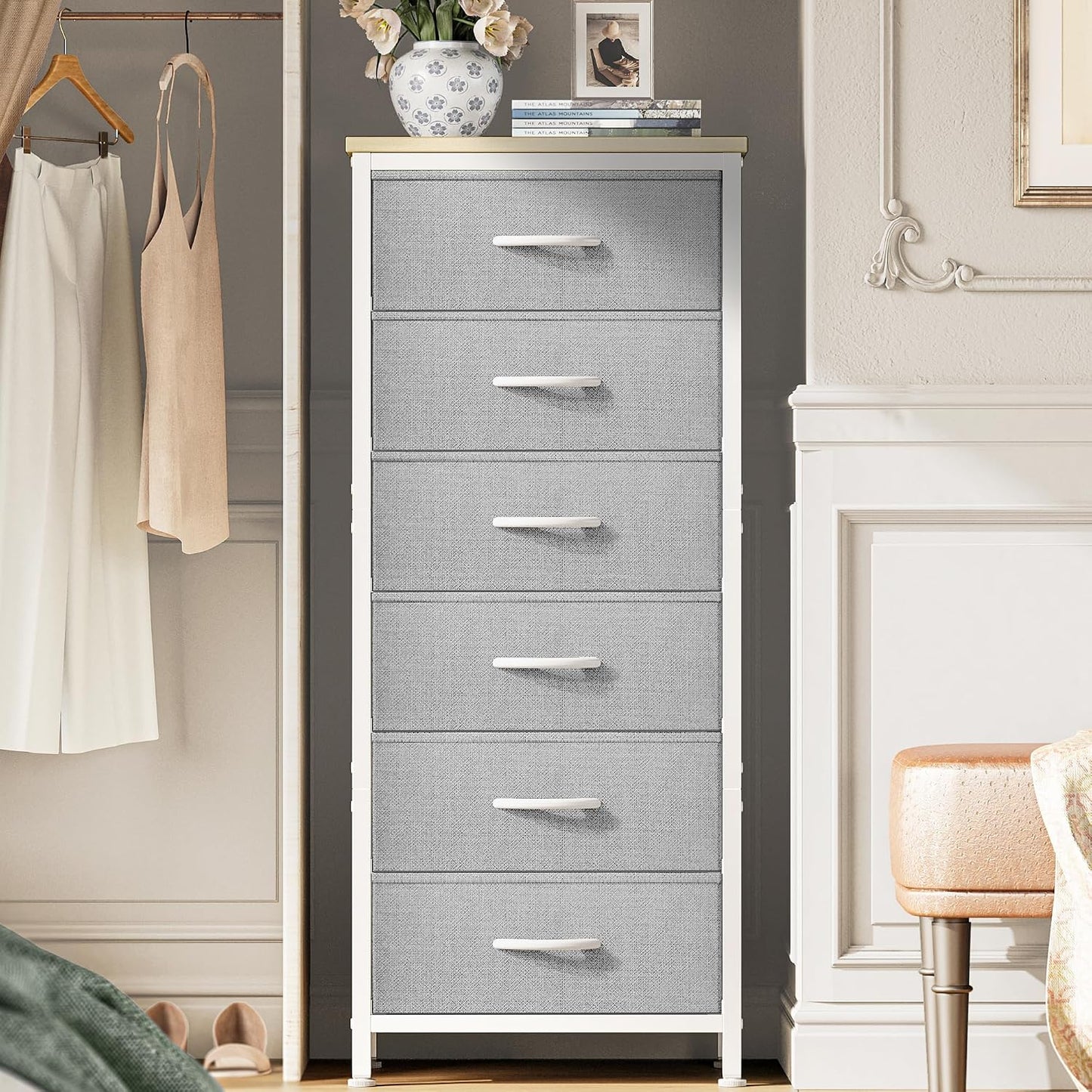 Huuger Tall Dresser for Bedroom, Stable 6 Drawer Dresser with Anti-Tip Device, PU Leather & Fabric Drawers, Tall Nightstand for Closet, Nursery, Storage Tower for College Dorm High Beds, Grey