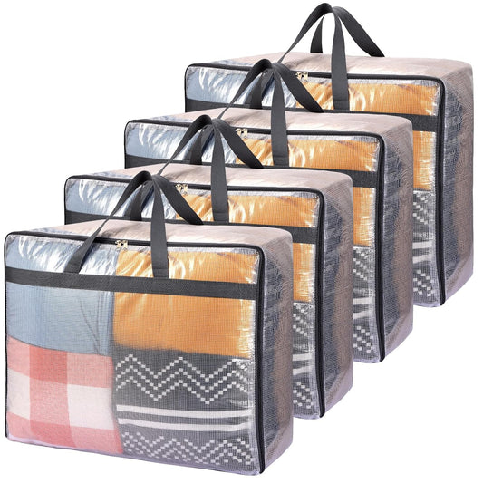 Fixwal Storage Bags 4 Pack 75L XL Mesh Clear for Blankets Clothes Comforter | Waterproof Clear Mesh Fabric, Zippered Closure, Carry Handles, for Blankets Quilts Clothes Comforters Bedding and Pillows
