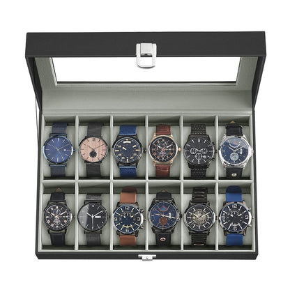 SONGMICS Watch Box, 12-Slot Watch Case Organizer with Large Glass Lid, Removable Pillows, Gift for Loved Ones, Black Synthetic Leather, Gray Lining UJWB12BK