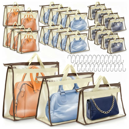Chumia 24 Pack Dust Bags for Handbags with 25 Stainless Steel S Shape Hooks, 3 Assorted Sizes Dust Cover Bags Damp Proof Purse Storage Handbags with Zippers and Handles for Closet Hanging