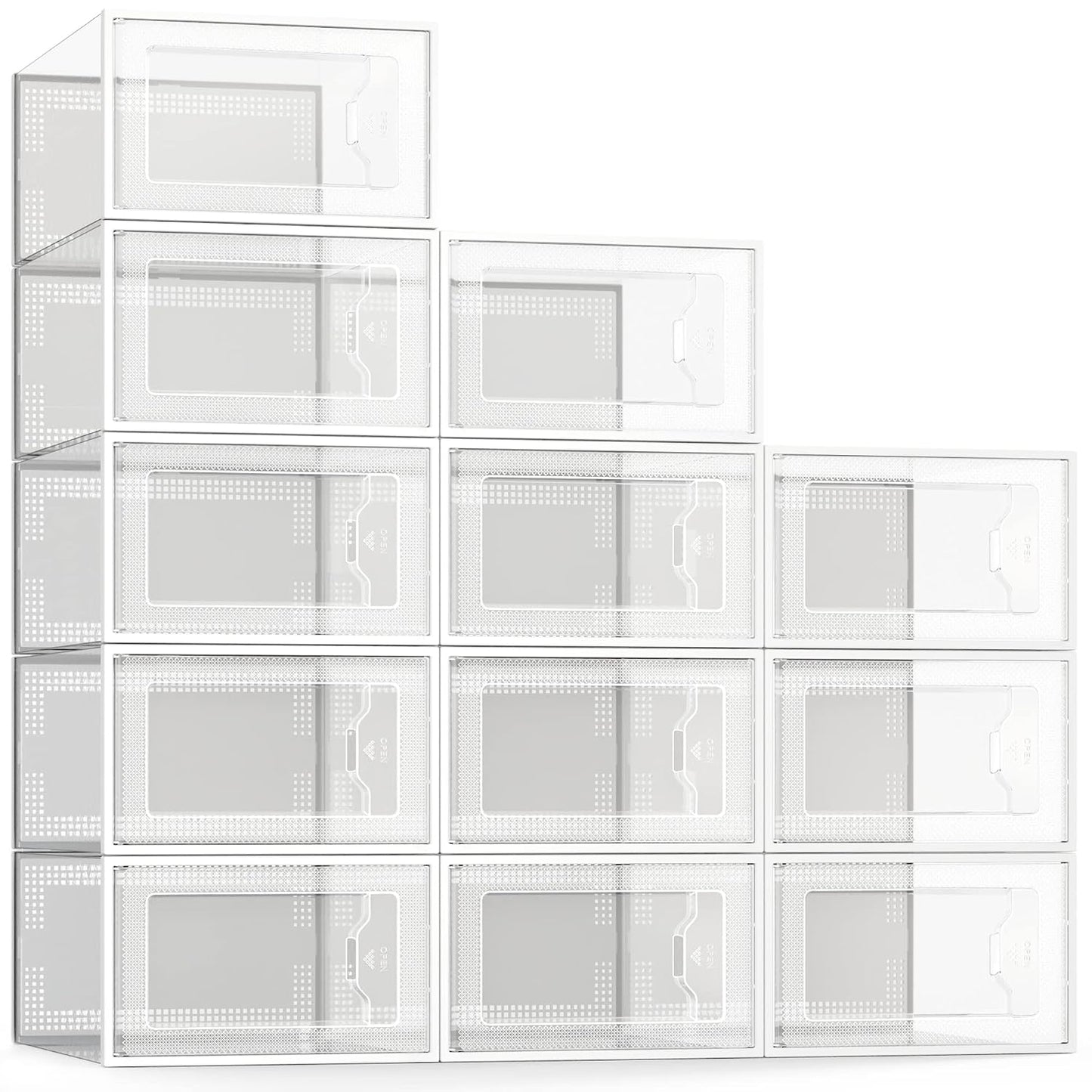 12 Pack Shoe Storage Box, Clear Plastic Stackable Shoe Organizer for Closet, Space Saving Foldable Shoe Rack Sneaker Container Bin Holder