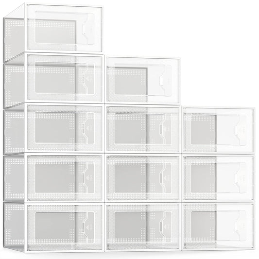 12 Pack Shoe Storage Box, Clear Plastic Stackable Shoe Organizer for Closet, Space Saving Foldable Shoe Rack Sneaker Container Bin Holder