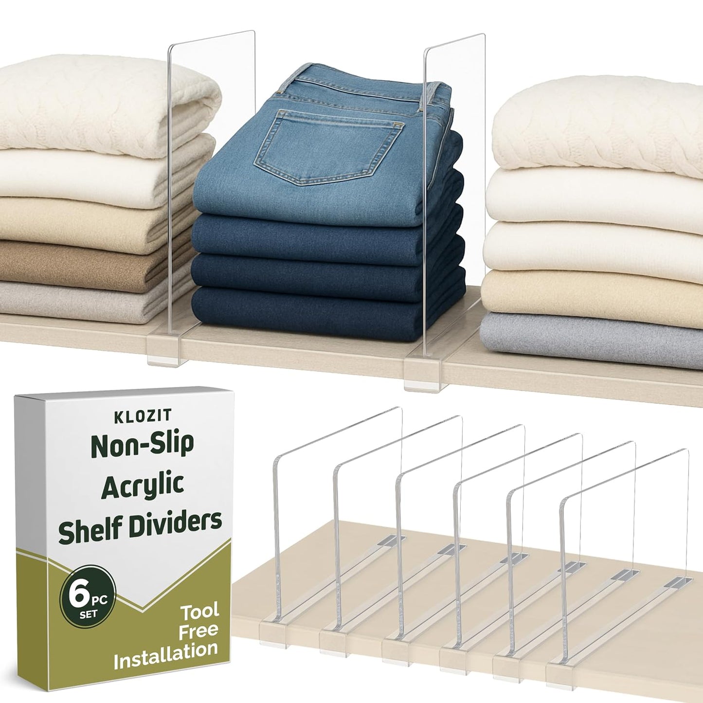 6- Pack Clear Acrylic Shelf Dividers-Non-Slip Closet Organizers for Sweaters, Bags, Towels- Shelf Separators for Bedroom, Kitchen, Office