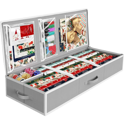 Simple Houseware 41.5" Wrapping Paper Organizer, Fits 40 Rolls, Gray | Adjustable Straps, Interior Divider for Ribbons & Bows, 3 Clear Pockets for Gift Bags & Tools, 41.5"L x 16"W