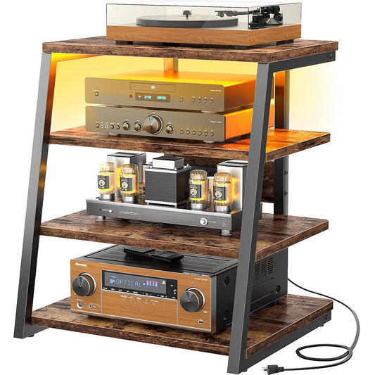 AV Media Stand, Stereo Stands and Racks Small Entertainment Center | Corner Shelf Stand with Power Strip & LED Lights, Audio Tower HIFI Rack Stereo Shelf CRT TV Stand, 4 Tier, Rustic Brown