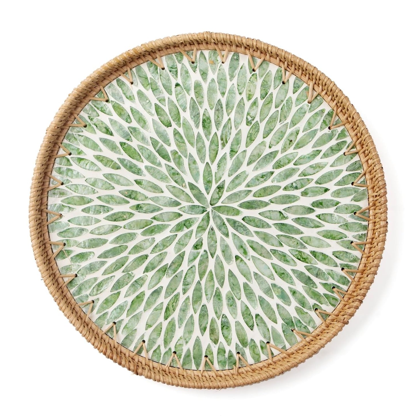 Round Rattan Tray with Mother of Pearl Inlay, Wooden Base | Coffee Table Serving Tray, Home Decorative Wicker Woven, for Outoor Patio Decor