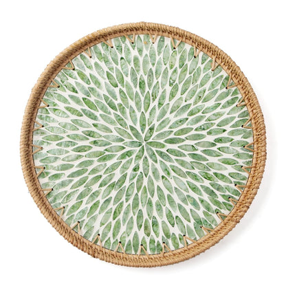 Round Rattan Tray with Mother of Pearl Inlay, Wooden Base | Coffee Table Serving Tray, Home Decorative Wicker Woven, for Outoor Patio Decor