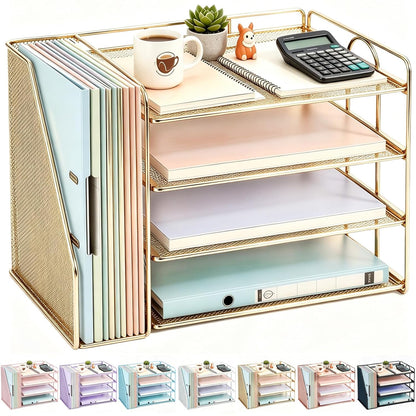 gianotter 4-Tier Paper Organizer With Magazine Holder | Desk Organizers and Accessories, File Organizer for Office Supplies Storag (Gold, 4-Tier)