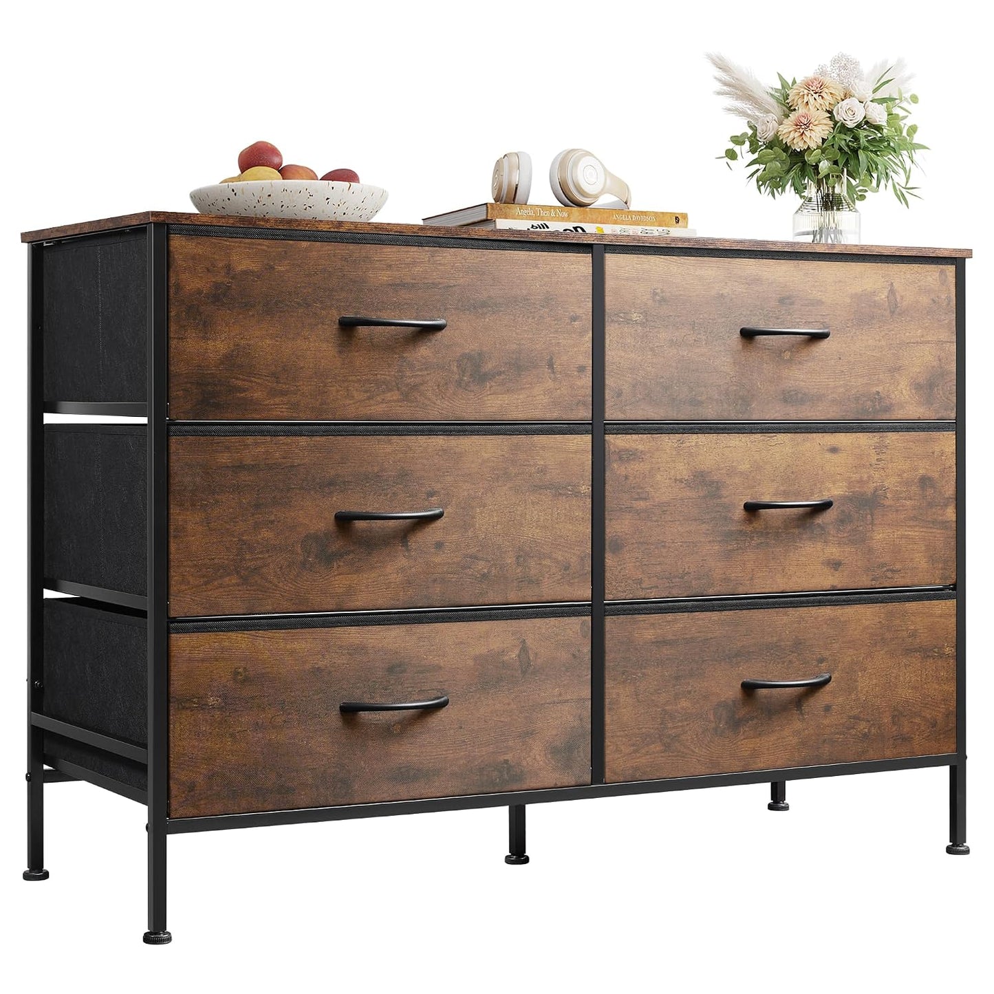 WLIVE Dresser for Bedroom with 6 Fabric Drawers, Rustic Brown | Closet Dresser, Metal Frame, Wooden Top, Fabric Dresser for Closet, Living Room, Hallway