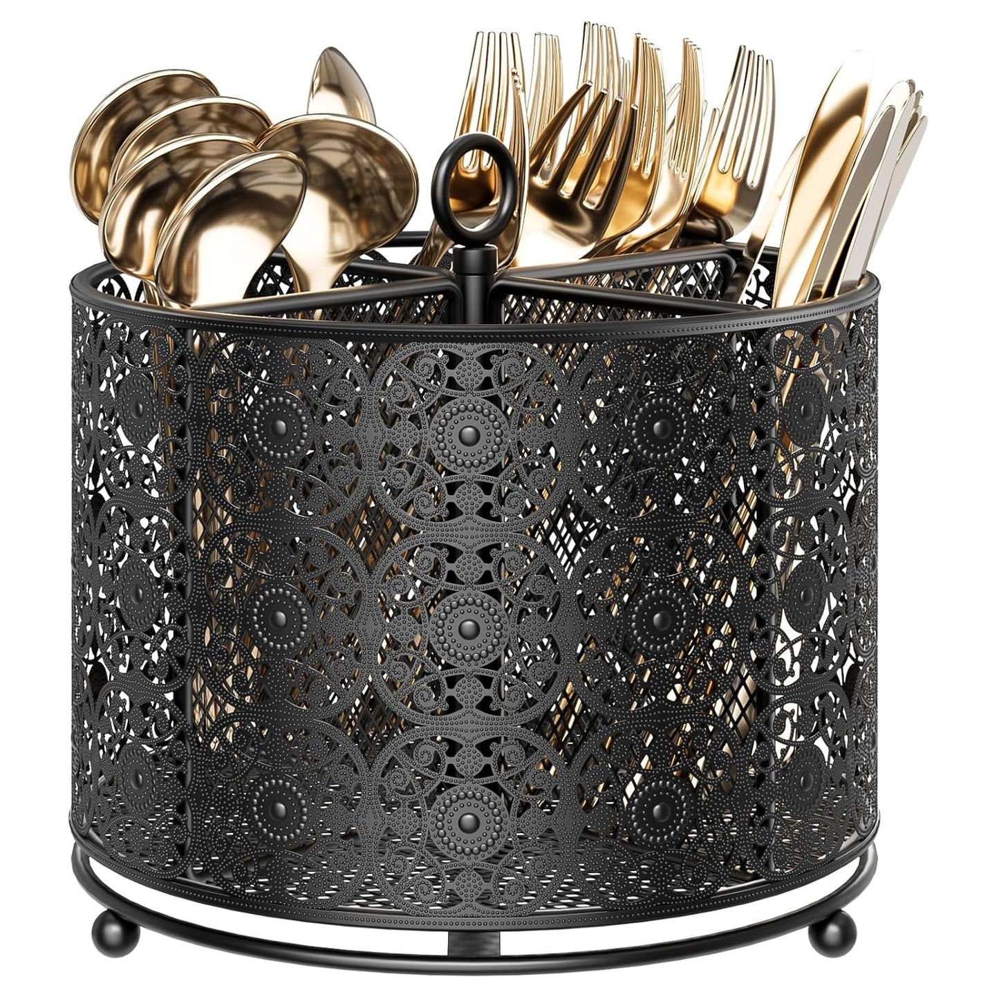 360° Rotating Utensil Caddy Countertop - Cutlery Silverware Caddy Holder with 4 Compartment - Higher Raised Flatware Organizer with Handle for Party Kitchen Counter Office Black