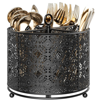 360° Rotating Utensil Caddy Countertop - Cutlery Silverware Caddy Holder with 4 Compartment - Higher Raised Flatware Organizer with Handle for Party Kitchen Counter Office Black