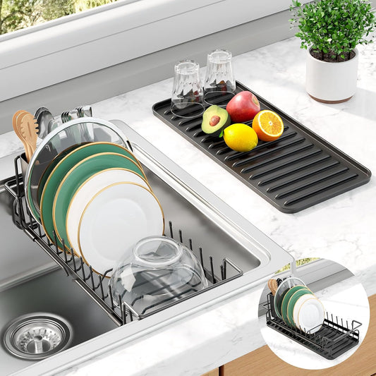 Kitsure Expandable Dish Rack for Kitchen Counter, Medium, Black | Over Sink Or In Sink Dish Drying Rack, Dish Drainer with Cutlery Holder & Drip Tray, 14.0"-20.9"L x 6.3"W x 8.0"H