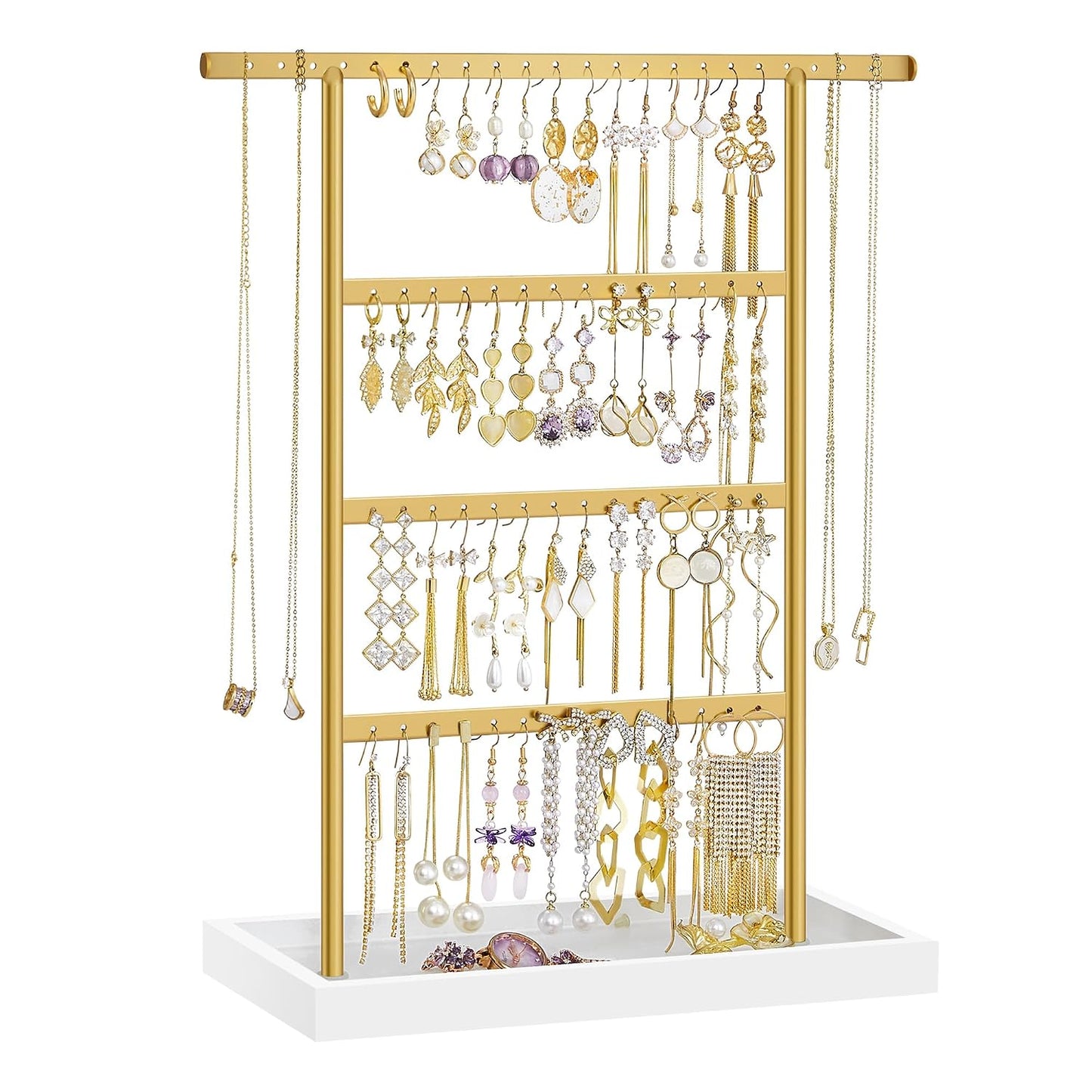 SONGMICS Jewelry Organizer, 4-Tier Earring Holder Organizer Stand with Base Tray, for Studs and Necklaces, Vintage, White and Gold Color UJJS019A01 | For Studs and Necklaces, Vintage, White and Gold Color, CAELEY Collection UJJS019A01