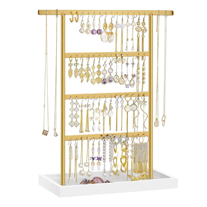 SONGMICS Jewelry Organizer, 4-Tier Earring Holder Organizer Stand with Base Tray, for Studs and Necklaces, Vintage, White and Gold Color UJJS019A01 | For Studs and Necklaces, Vintage, White and Gold Color, CAELEY Collection UJJS019A01
