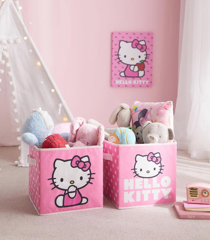 Hello Kitty Set of 2 Storage Cubes with Handles, Durable Foldable Fabric Organizer Bins for Bedroom, Closet, Nursery & Dorm, 10x10x10 Inch Cube Storage Baskets for Toys, Clothes & Shelves