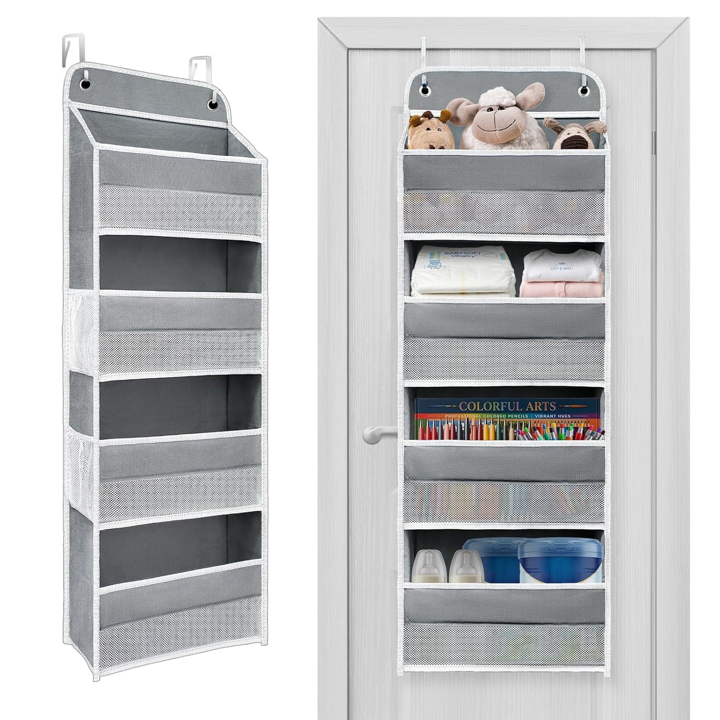 Over The Door Organizer 4 Shelves & 4 Side Pockets, Large Storage Rack | Anti-Tilt Hanging Door Storage for Closet, Heavy-Duty Mesh Shelf for Bathroom Closet Toy Organization Shoes Towels, Grey
