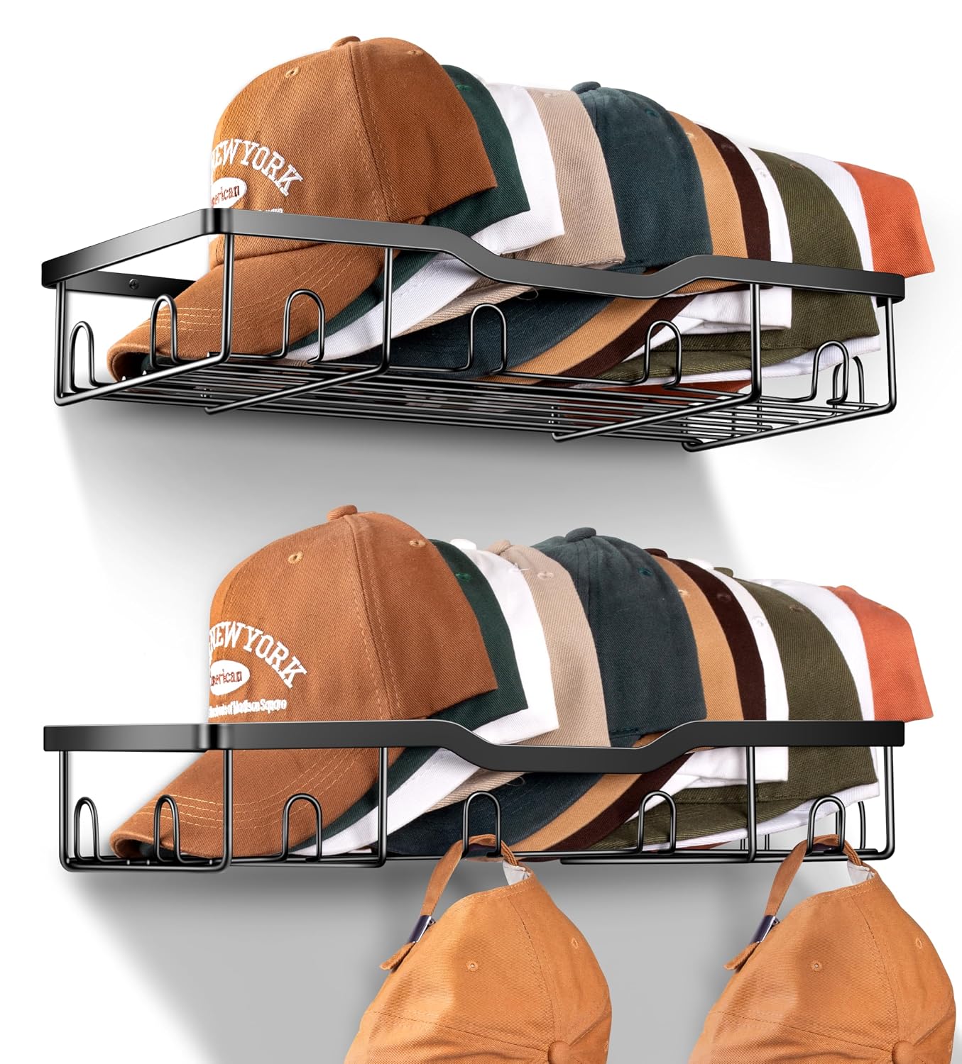 Metal Hat Racks for Baseball Caps Wall Hat Organizer Fit 48 Caps Holder, 2 Packs Sturdy Wall Mounted Hat Storage Organizer, Black, Patent: US D1,041,201 S